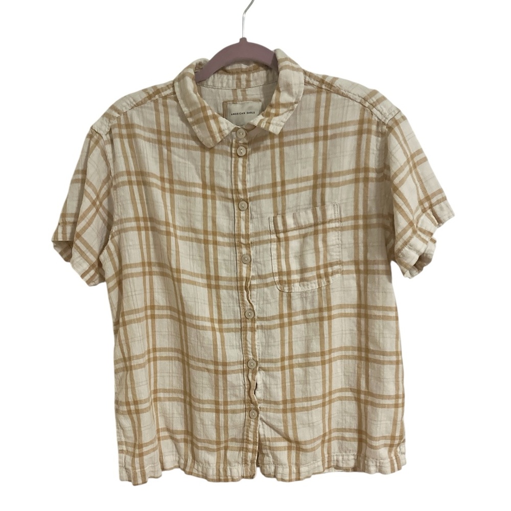 American Eagle Outfitters Tan Plaid Casual Shirt Women’s Size Medium Linen Blend